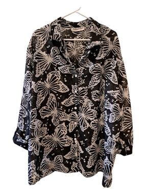 Cathy Daniels Butterfly Black & White Butterfly Button-Up Top 3X
